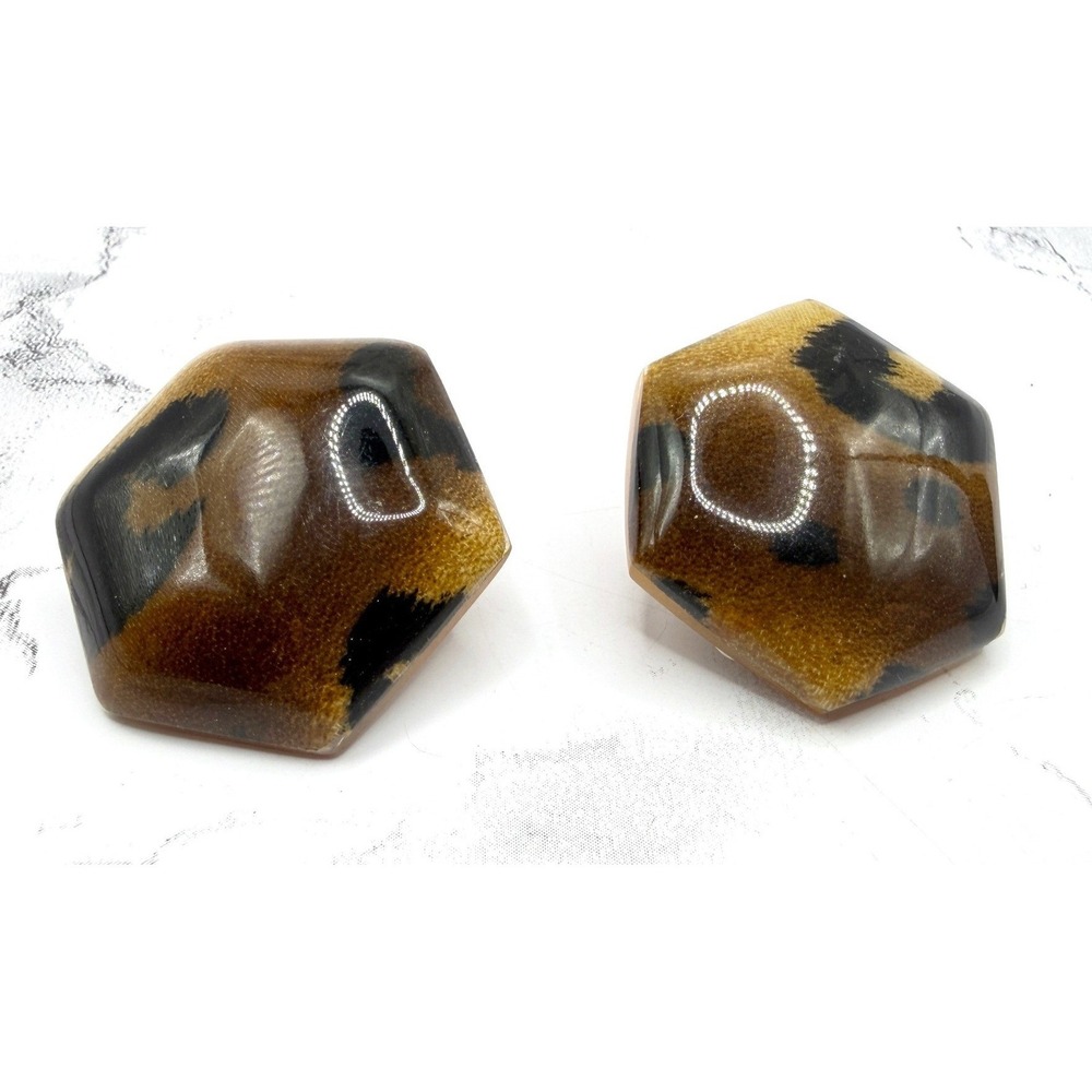 Chunky Geometric Clip On Earrings Brown Black Statement Safari Animal Print